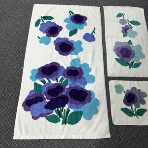 Vintage Marimekko Fieldcrest Bath Towel‎ Set Hand Wash Cloth Purple Blue Flower